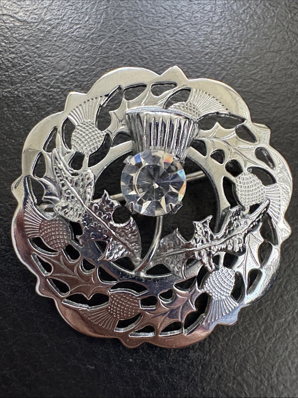 Vintage  Mizpah Silver Plated Thistle Brooch with Clear Crystal Accent